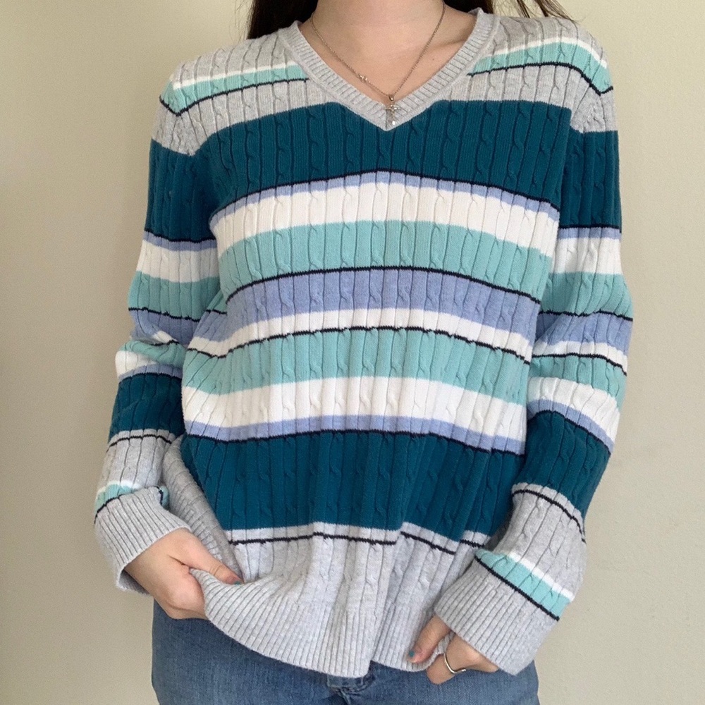 Croft&Barrow Blue White Grey Striped V-Neck Cableknit Sweater